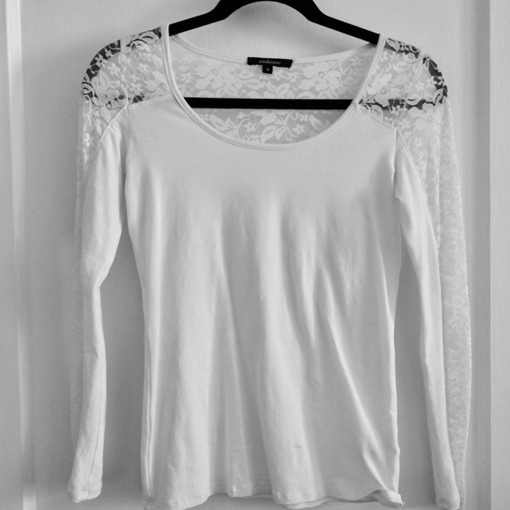 White Long Sleeve Stretch Top with Lace